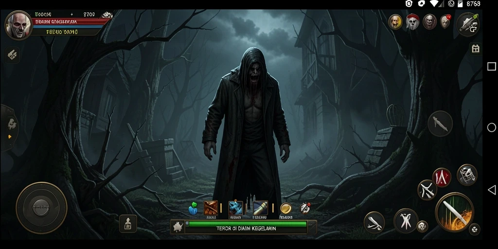 Tampilan gameplay menegangkan di 8768 dengan suasana kegelapan dan ketegangan.