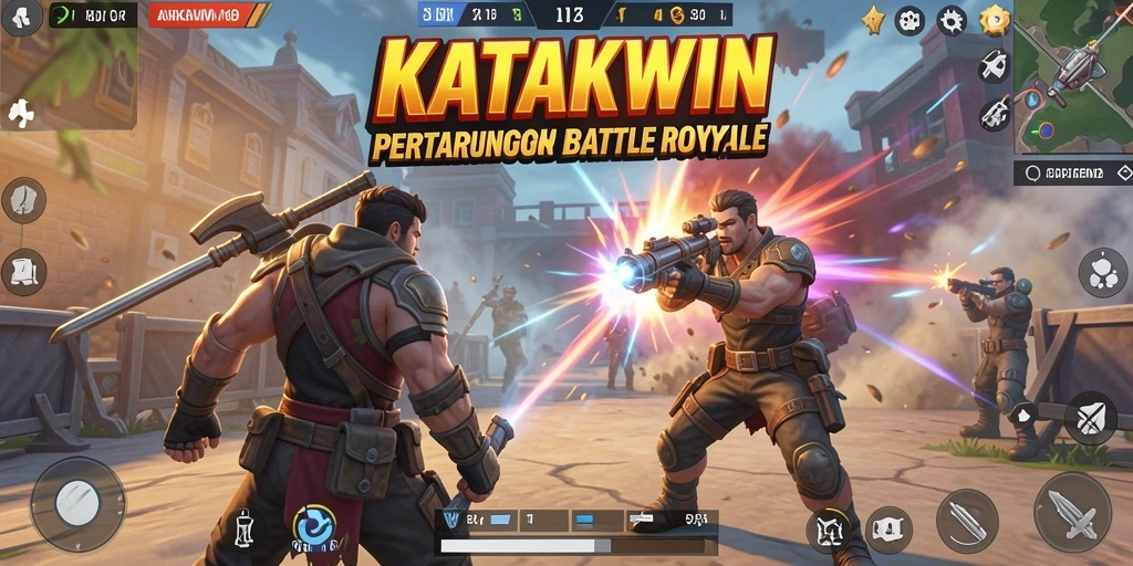 Tangkapan layar utama KATAKWIN menampilkan aksi intens dalam pertempuran Battle Royale.