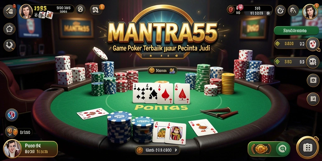 Screenshot gameplay MANTRA55 menampilkan suasana Poker yang seru.