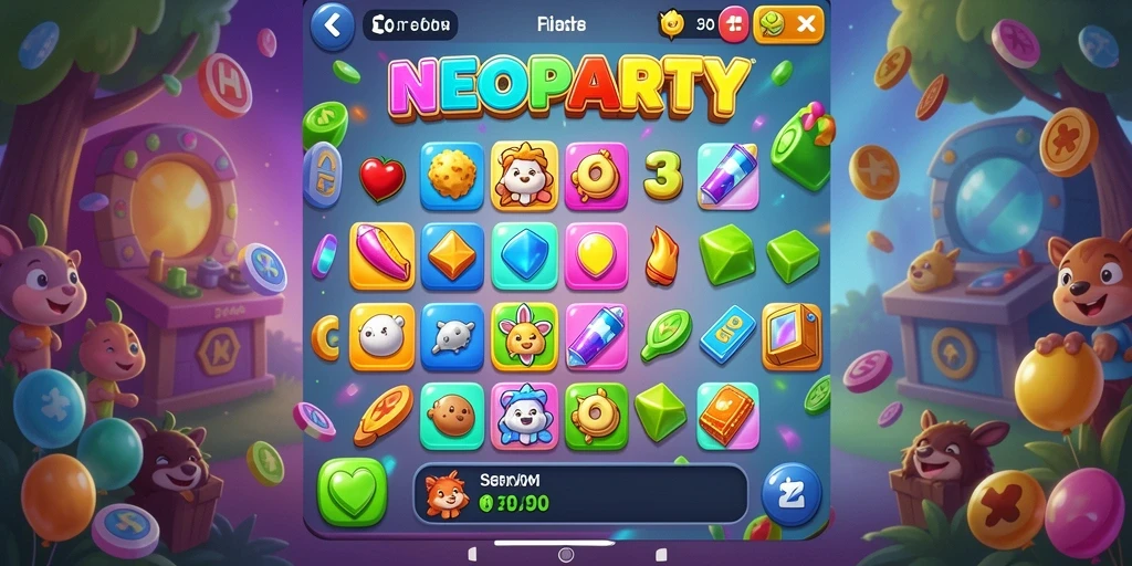 Tampilan gameplay NEOPARTY dengan karakter ceria dan level yang berwarna-warni.