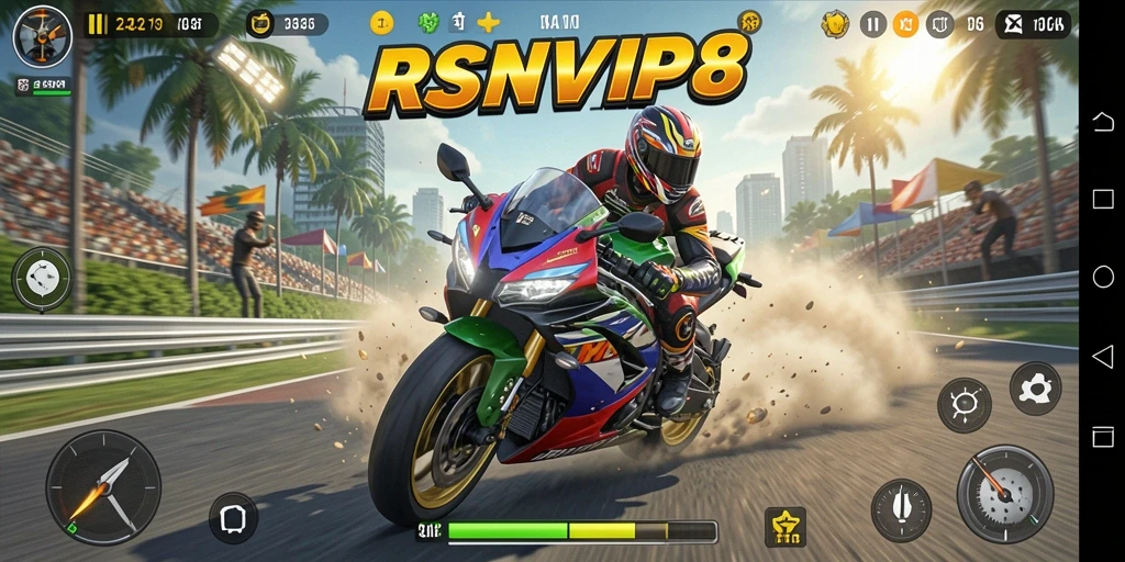 Gameplay RSNVIP8 menampilkan balapan seru dengan motor kustom.