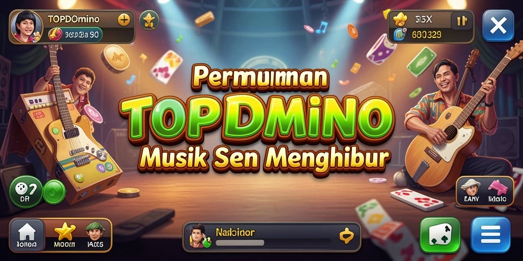 Screenshot utama gameplay <strong>TOPDOMINO</strong> dengan tampilan menarik dan musik yang menggugah.